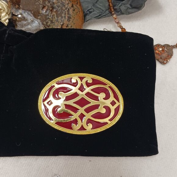 Vntg Celtic Brooch 3" RED Coat Pin Oval Metal Enamel Milgrain Accent Gold Estate - Picture 13 of 16